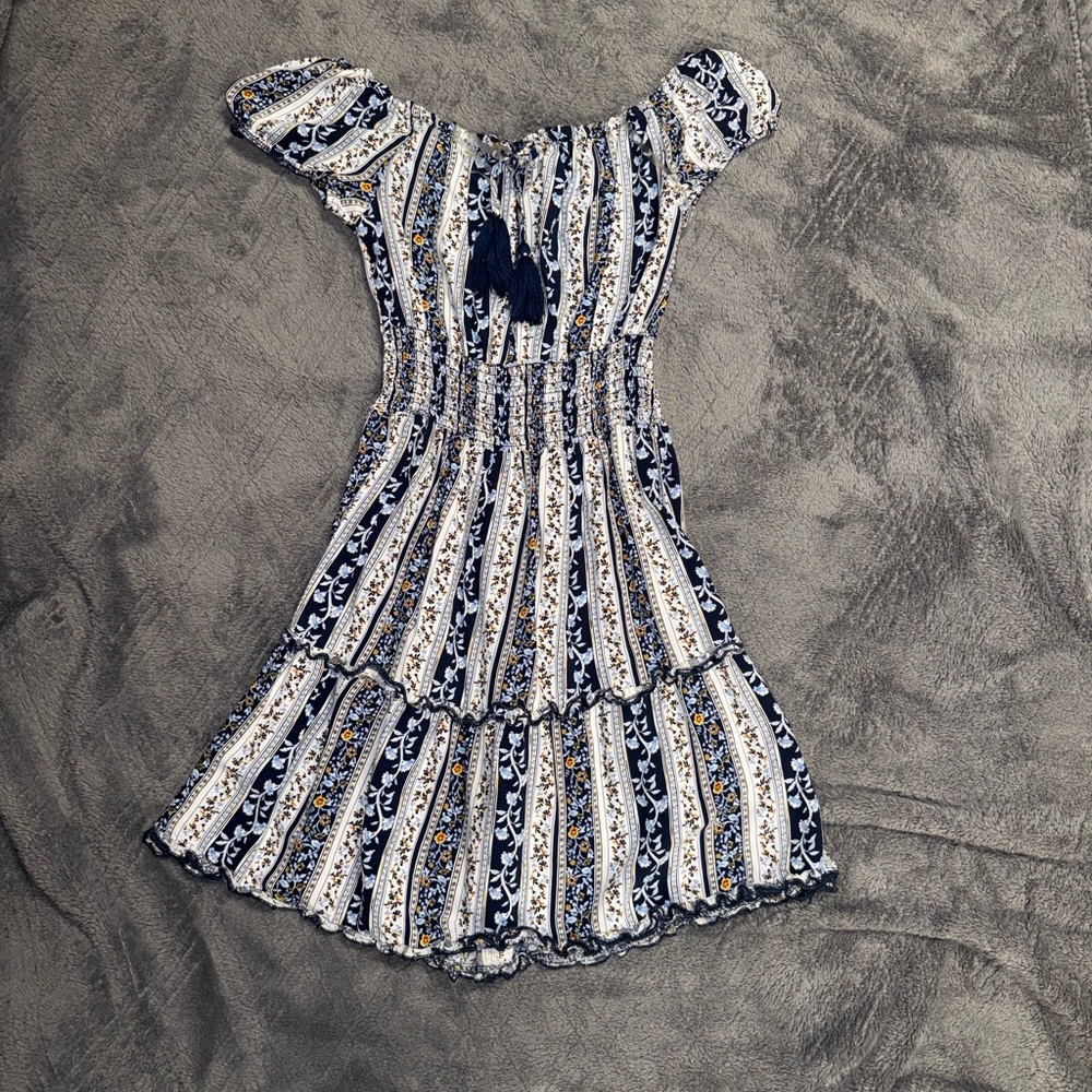 Blue and White Off-Shoulder Dress